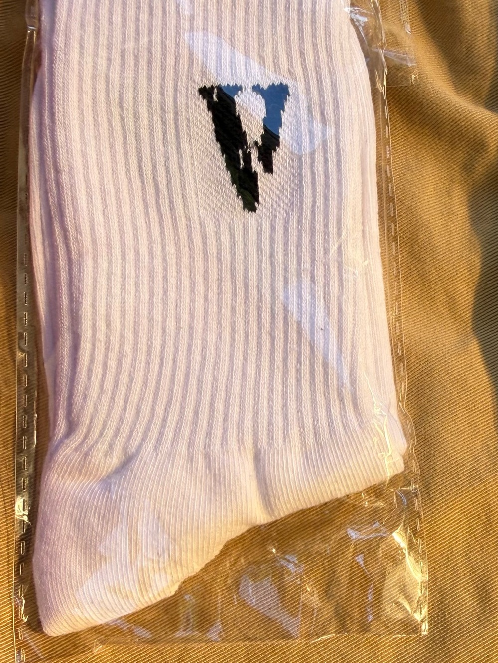 VLONE White Crew Socks with Black & Blue V Logo